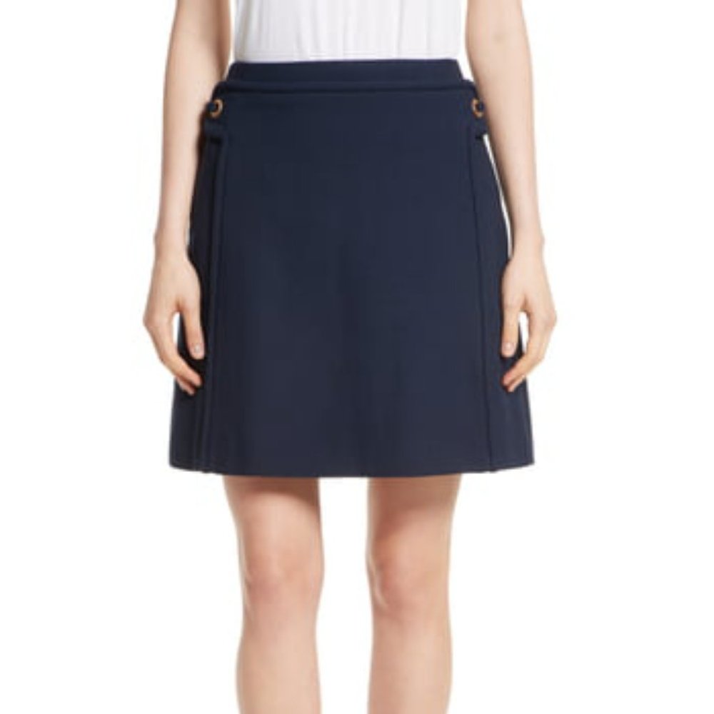 A-Line Skirt with Grommet Trim in Navy Blue